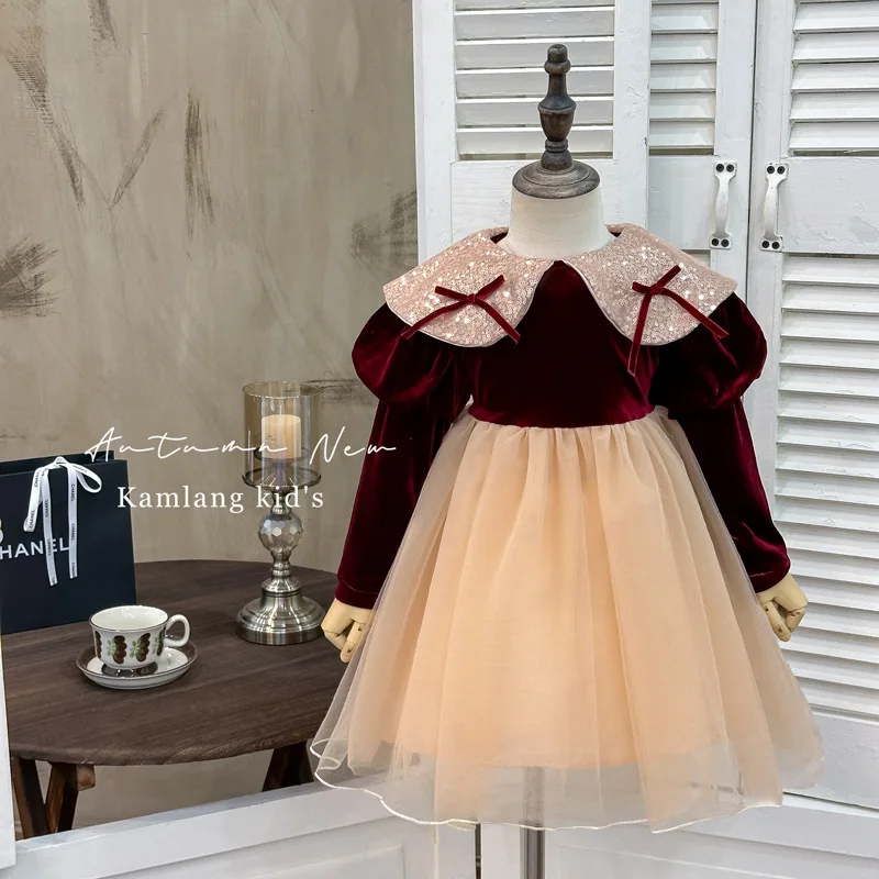 

Girls' Dress2025Autumn New High-End Little Dress Doll Collar Bowknot Little Girl Princess Dress Long Sleeve