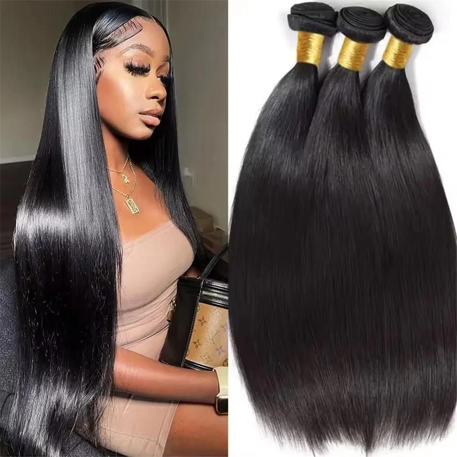

100% Remy Human Hair Bundles Brazilian Straight Natural Black Raw Hair Weave Extensions 1/3/4 Pcs 14-30 Inch for Women