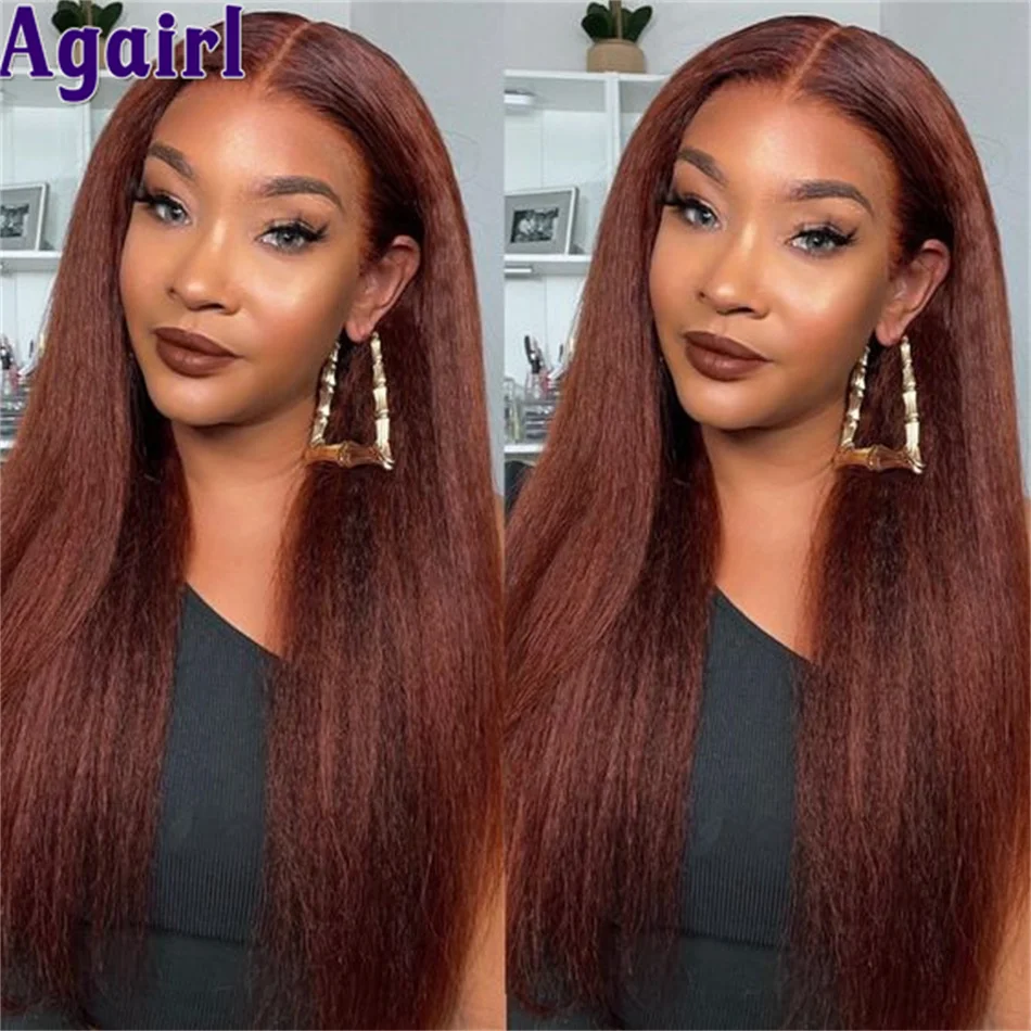 Hd 360 Full Lace Frontal Pruik Gember Bruin Kinky Rechte Pruik Auburn Roodbruin Yaki Straight 13X6 Lace Front Menselijk haar Pruiken