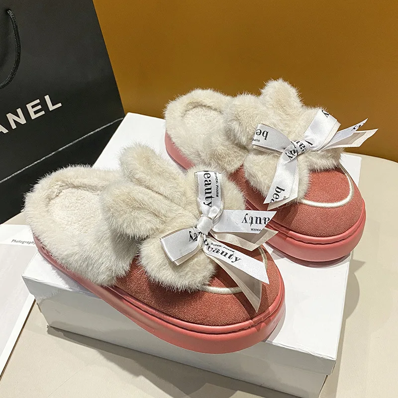 Women's Cotton Slippers 2024 Cute Bow Plush Slippers Winter New Indoor Warm Comfortable Platform Anti Slip Outdoors Cotton Shoes