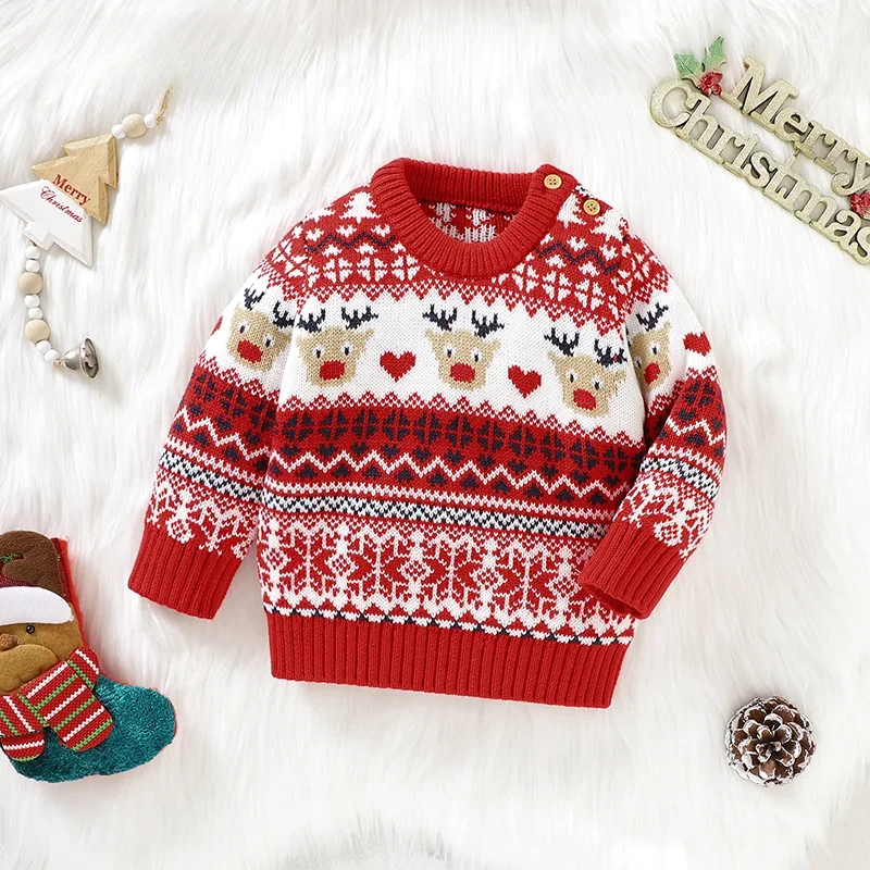 Newborn Boys Girls Pullovers Jumpers Long Sleeve Outerwear Toddler Infant Top Baby Sweaters Knitted Red Casual Christmas Pattern