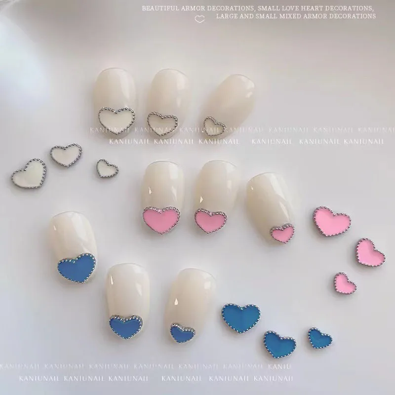 10Pc White/Blue/Pink Nail Heart Designs Charms 3 Sizes Heart Shaped Alloy Nail Decoration Rhinestone For Manicure Nail Supplies