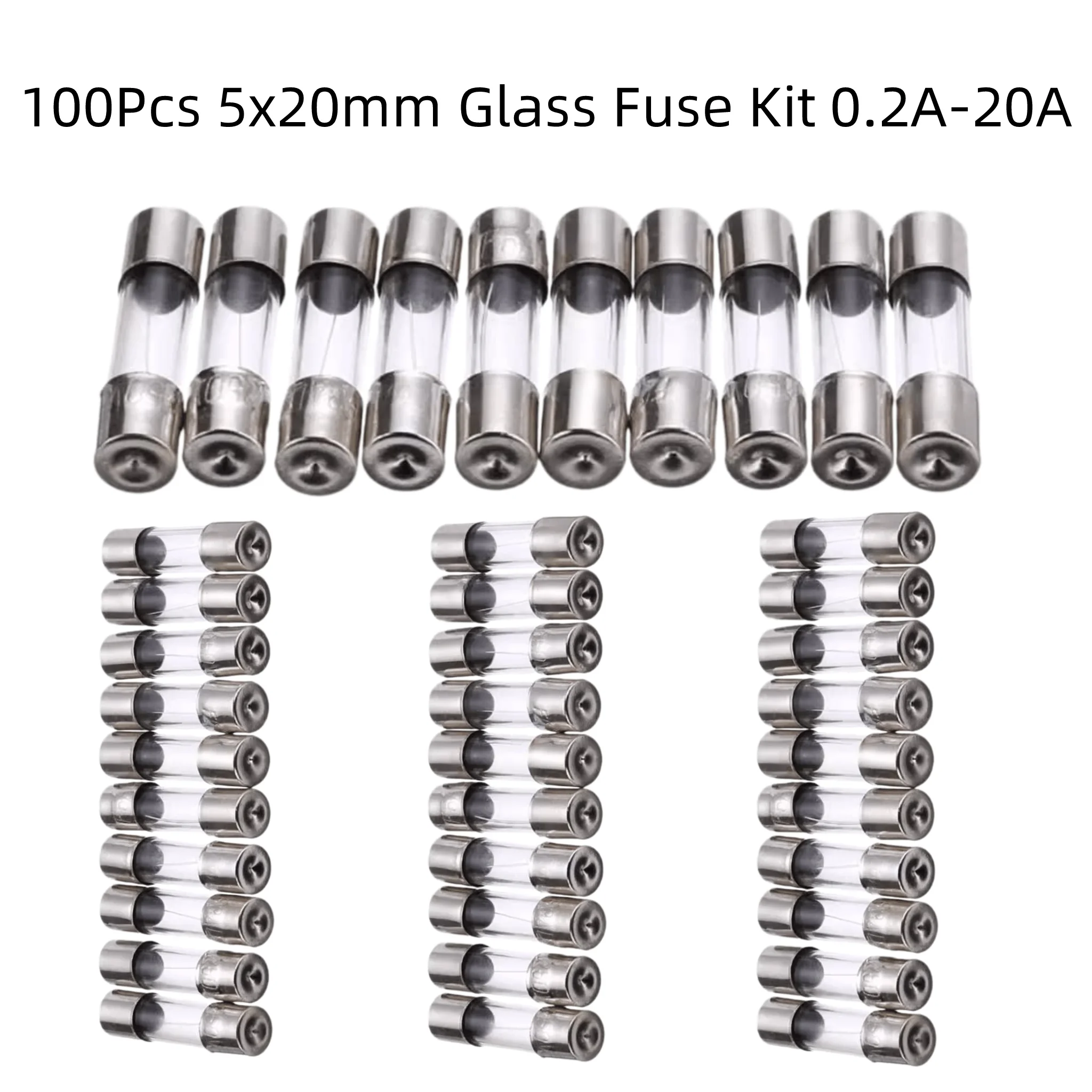 100Pcs 5x20mm Glass Fuse Assortment Kit, 10 Values 0.2A 0.5A 1A 2A 3A 5A 8A 10A 15A 20A, 10Pcs Each, Cartridge Fuse Set for Elec