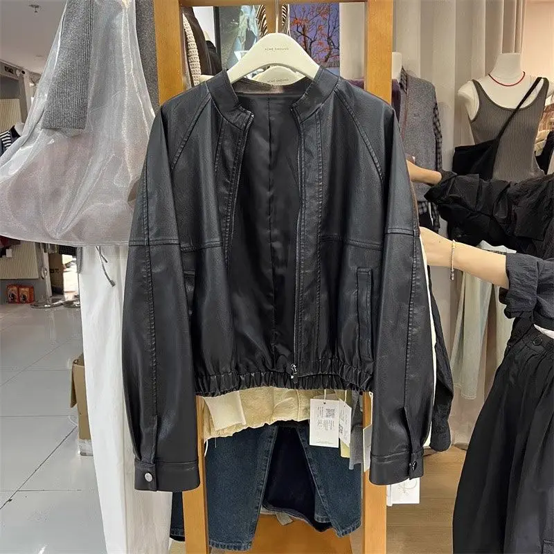 Edgy-Sweetเสื้อแจ็คเก็ตรถจักรยานยนต์ผู้ชายVINTAGE PUหนังW/Stand COLLAR & Cropped Fit-ผู้หญิงฤดูใบไม้ผลิฤดูใบไม้ร่วง 2025 BIKER Essentials