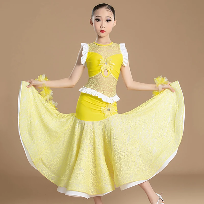 

Yellow Ballroom Competition Dance Suit Girls Waltz Dance Performance Costume Sleeveless Dress For Standard Stage Wear VDL263