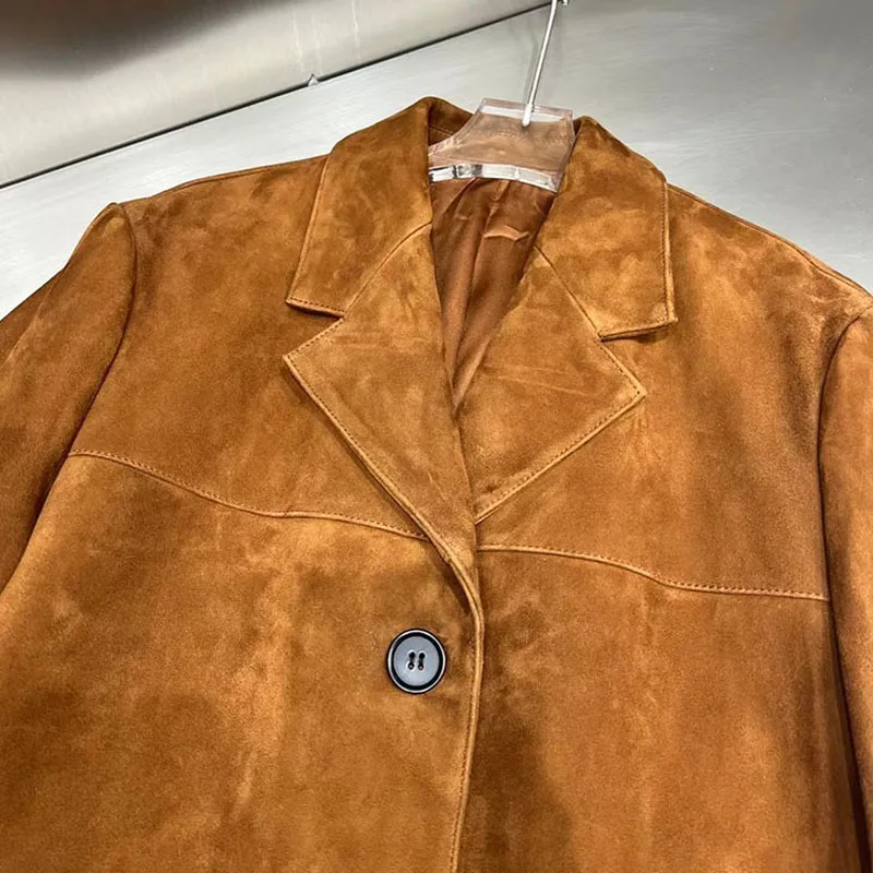 Vintage braune Kid-Wildlederjacke für Frauen, 2023, neuer High Sense, lockerer, übergroßer Lederanzug, Blazer, weiblicher lässiger Mantel, Streetwear