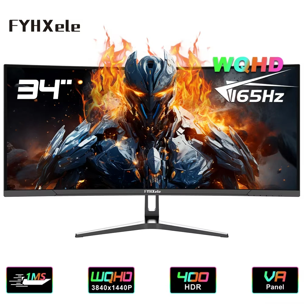 Monitor de computadora FYHXele 4K de 34 pulgadas, pantalla LCD QHD, monitor de juegos VA curvo 1500R, frecuencia de actualización de 165 Hz, AMD Freesync, tiempo de respuesta ultrarrápido de 1 ms, VESA 100*100 con altavoz, HDR400, protección ocular con luz azul reducida, adecuado para uso a largo plazo