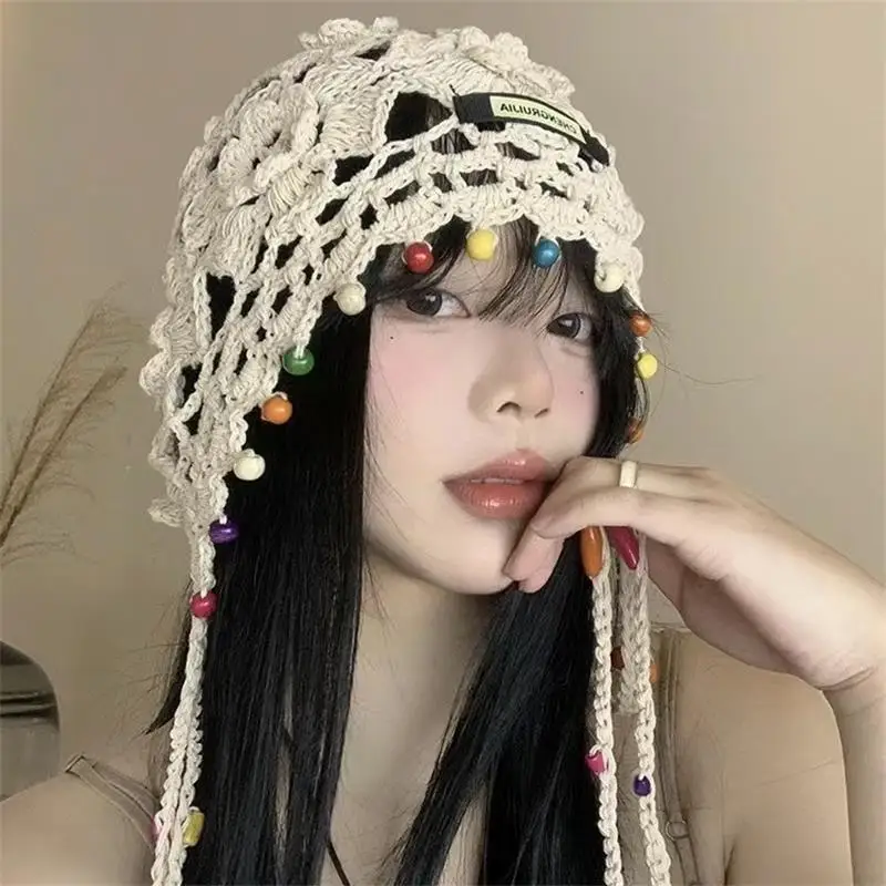 

Bohemian Style Tassel Hand-knitted Baotou Hat Female Ethnic Style Holiday Sweet Hollow Versatile Pullover Hat Women Fashion