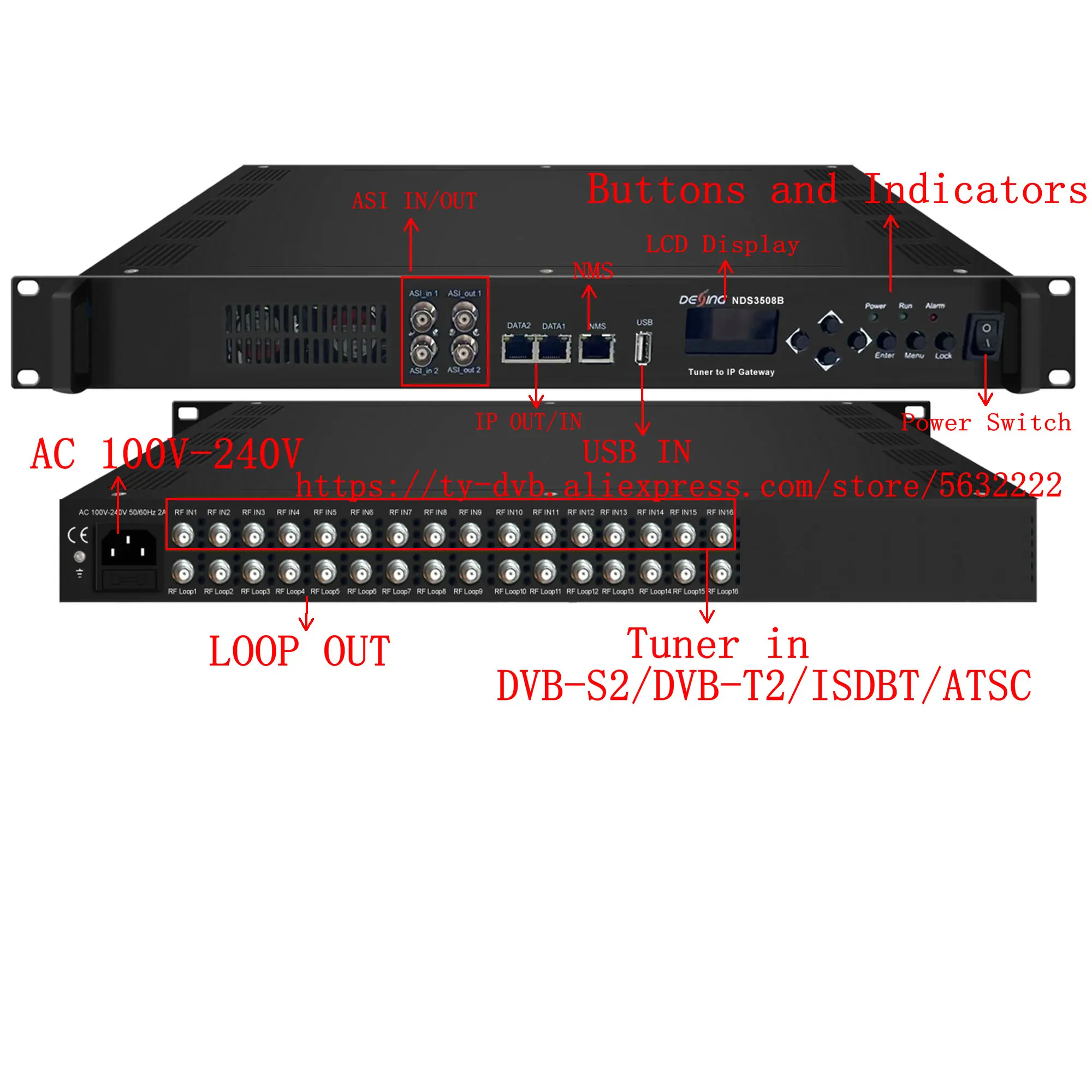 12 16 موالف إلى بوابة IP DVB-S2 S2X DVB-T2 ISDBT DVB-C ATSC استقبال RF إلى IP ASI IRD معدات الأمامية لأنظمة DTV