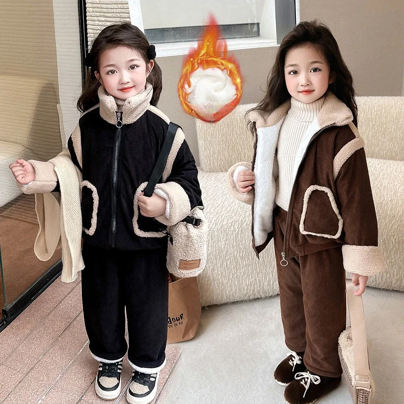 Girls' Three-layer Cashmere and Cotton Two-piece Set Autumn and Winter 2024 New Fashion Baby Girls' Thick Coat + Pants Suit