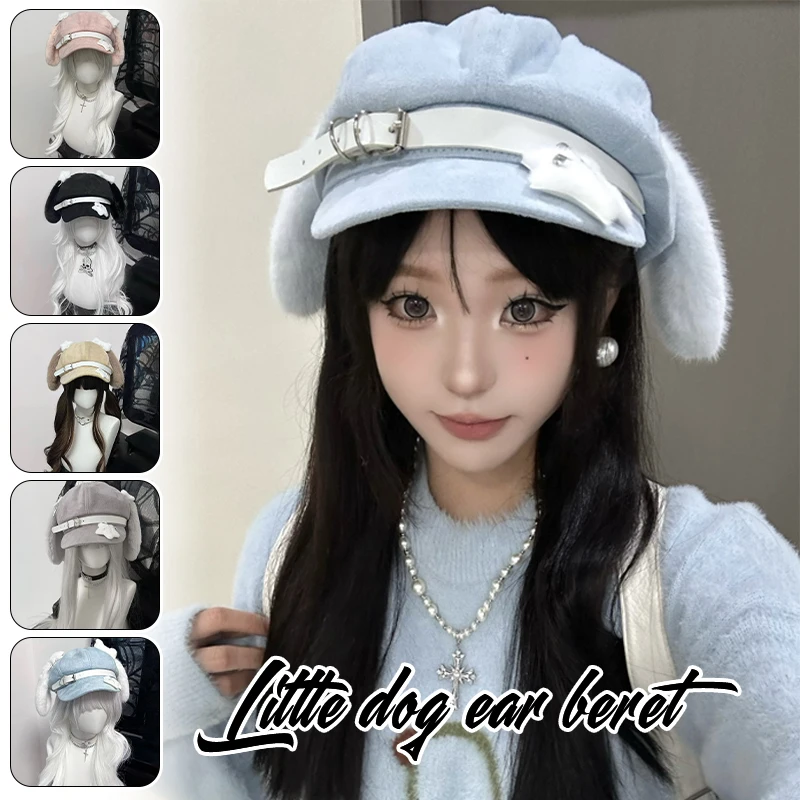

Women Sweet Style Fashion Cap Grey Dog Ear Cap Beret Cute Pink Lollipop Y2K Punk Cap With Dog Ear Harajuku Gothic Beret