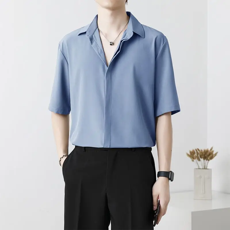 High-end Ice Silk Short-sleeved Shirt Summer Thin Cold Style Men's Solid Color Top Casual and Handsome Drooping