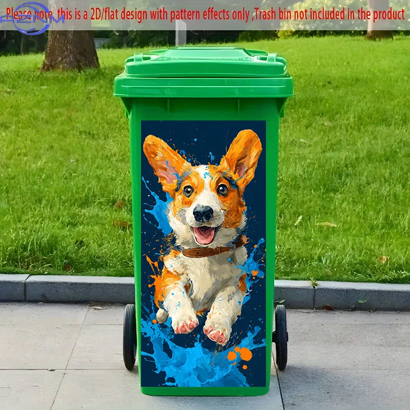 2D Flat Printing 1pc 2D Pattern Printed Kitchen Trash Can Sticker, xcm, Leaping Colorful Ink Corgi Theme Kitchen Home Decor Wa