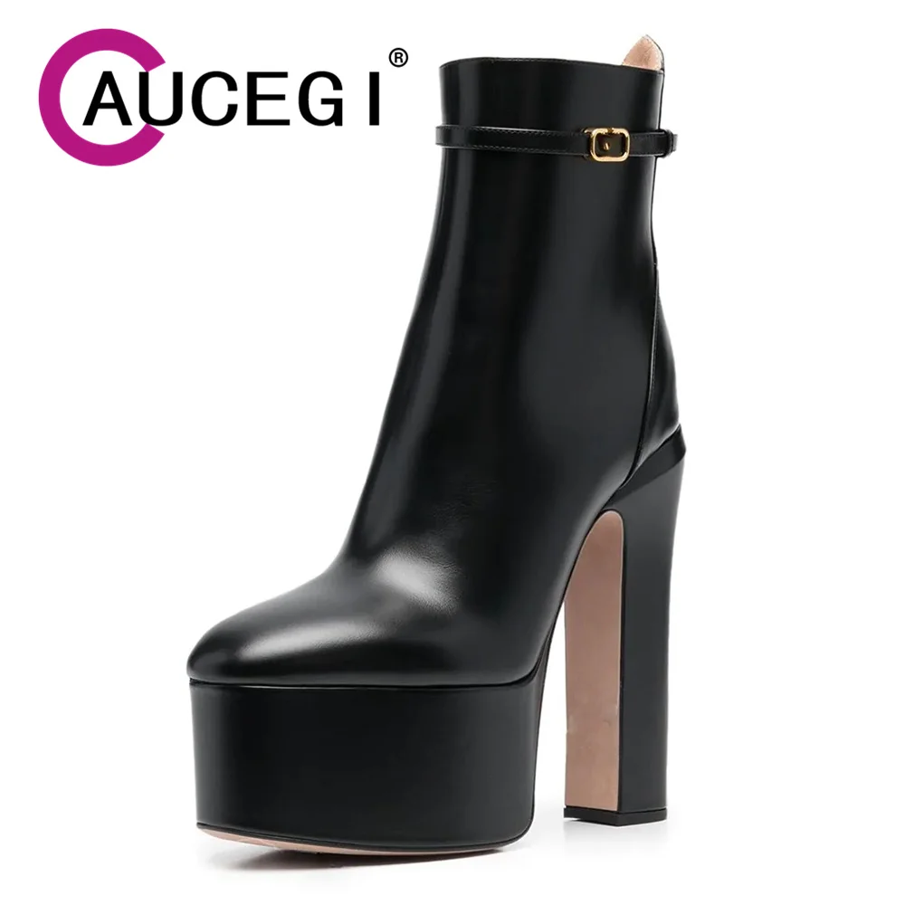 

Aucegi Нежные женские ботильоны на платформе с круглым носком на массивном высоком каблуке, модная обувь ручной работы из натуральной кожи с боковой молнией
