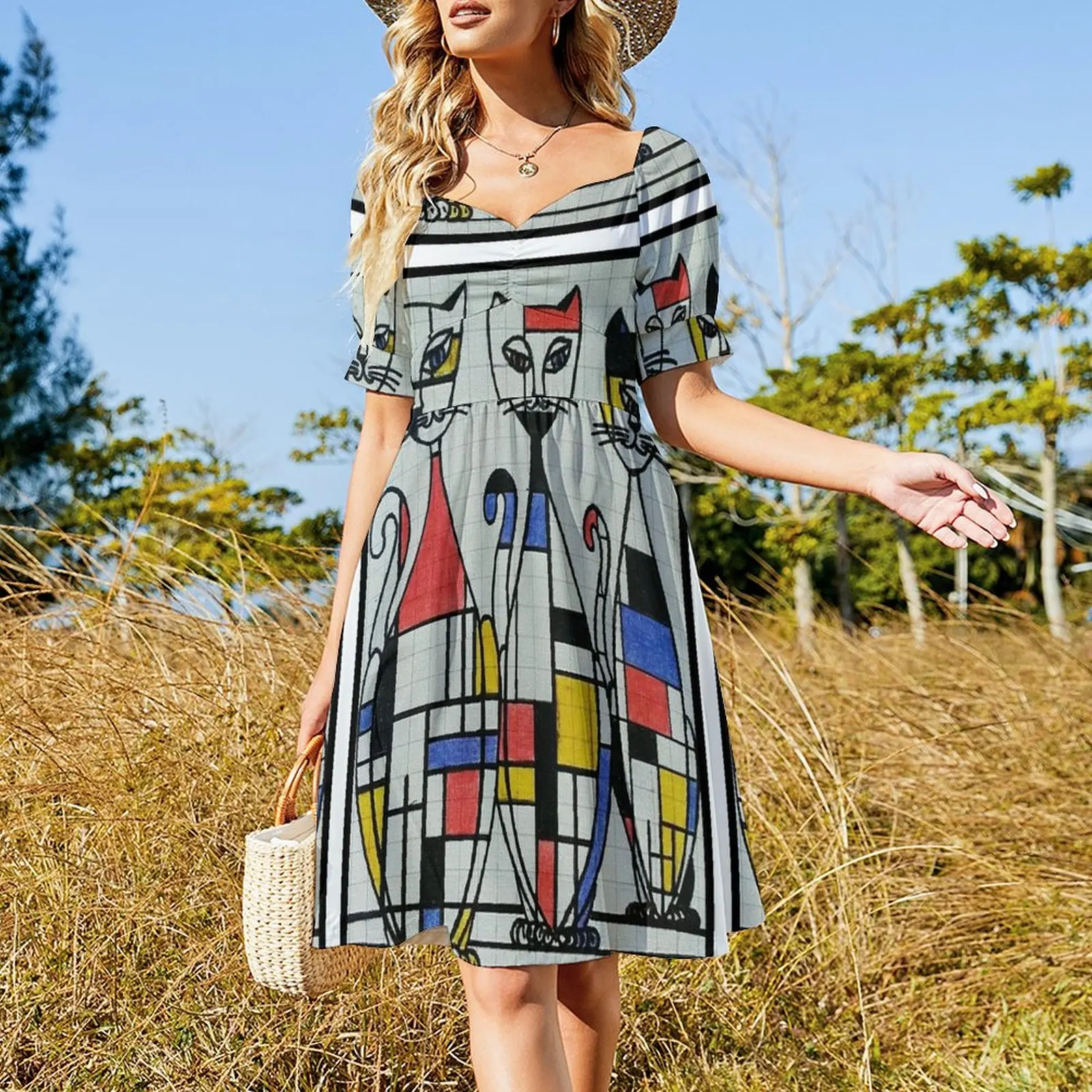 Mid Century Mondrian Cats Sleeveless Dress Dress vintage summer dresses Dress women dresses for women