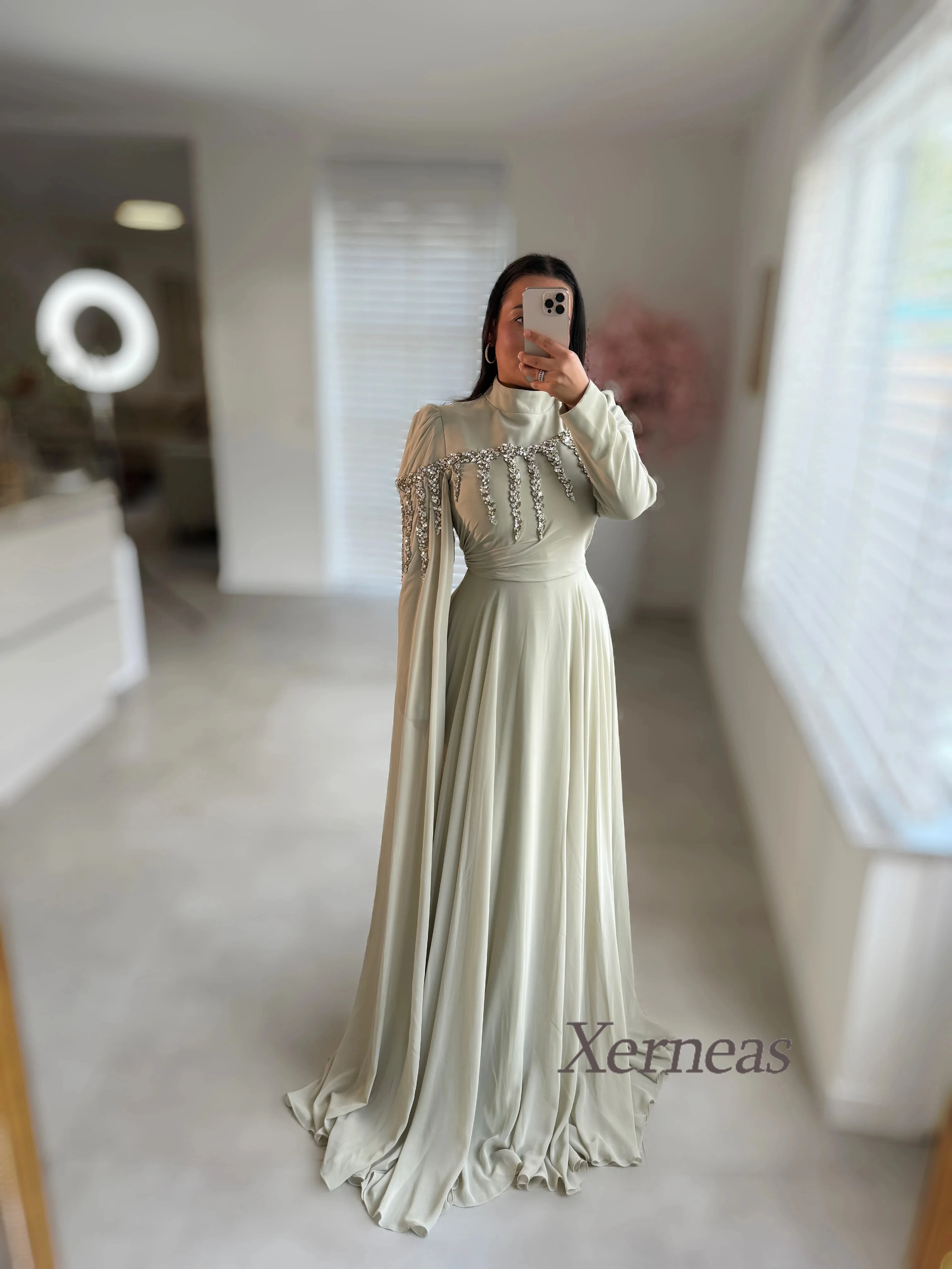 Maßgeschneiderte Kristall-Abendkleider für Damen, Chiffon, luxuriöses Partykleid, volle Ärmel, bodenlang, formelles Abendkleid 2026