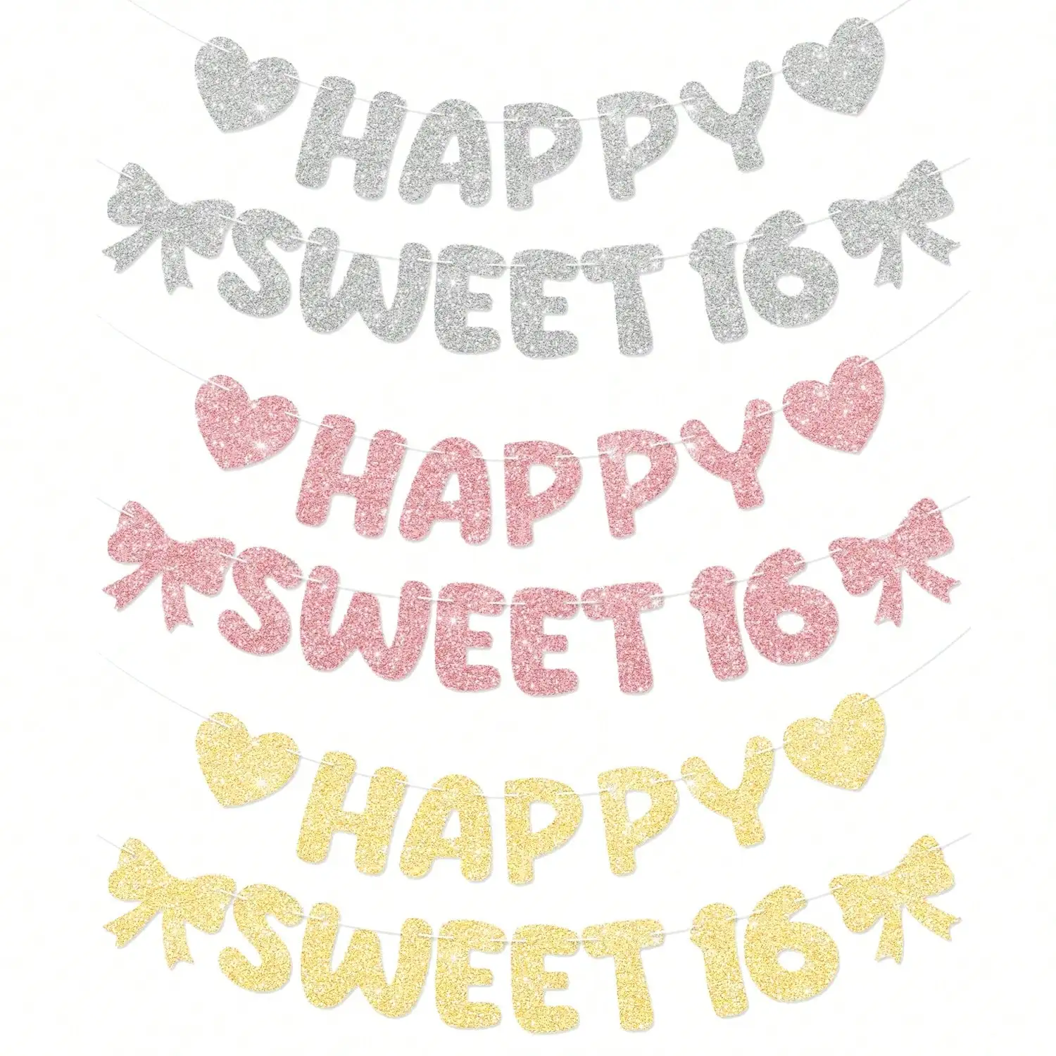 1Set Gold, Silber, Roségold Glitzer Herz & Schleife „Happy Sweet 16“ Geburtstagsbanner für die Feiertagsdekoration zum 16. Geburtstag