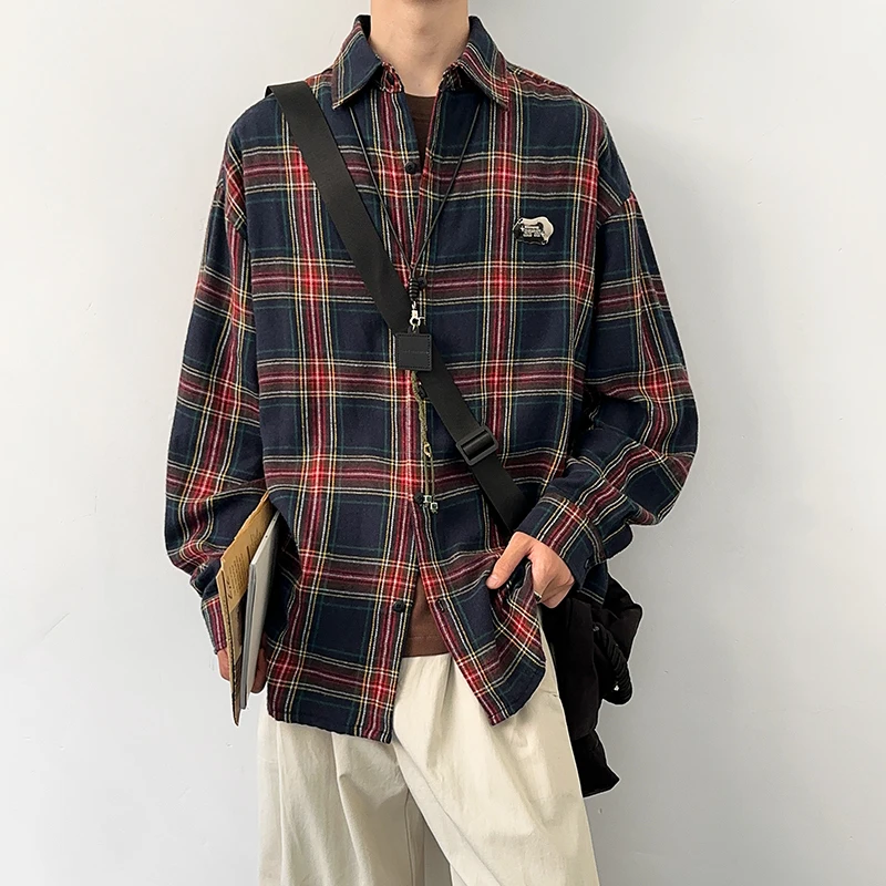 Camisa de manga larga de otoño para hombre, camisa informal Retro de gran tamaño, ropa informal japonesa, camisa holgada a cuadros, camisas Vintage para hombre, M-3XL