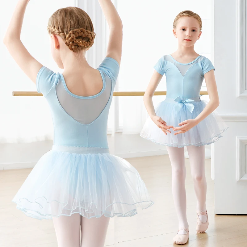 Girls Ballet Leotard Tulle Skirts Net Yarn Splicing Dance Leotards 2 Pieces Dance Suits Kids Pink Long Sleeve Ballet Bodysuits