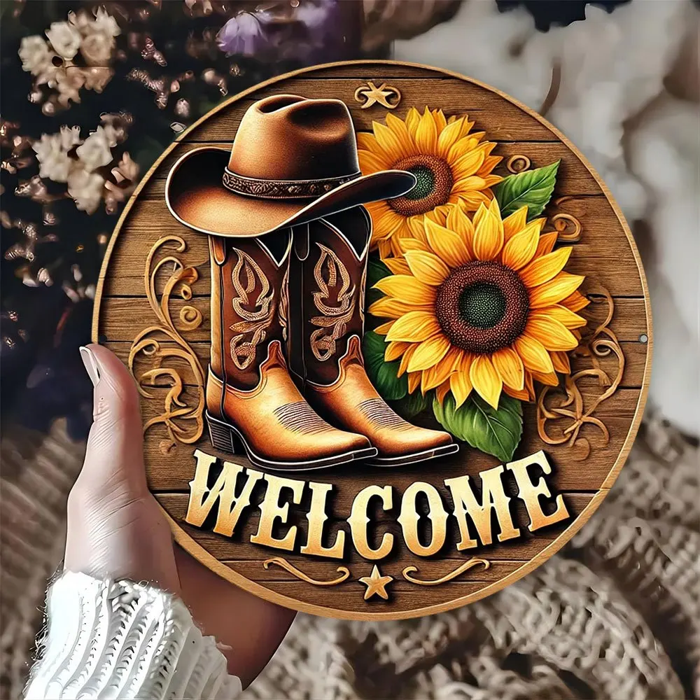 Rustic Cowboy Welcome Sign - Round Aluminum Wall Decor with Sunflower & Cowboy Hat, Perfect for Farmhouse Porch, Entryway