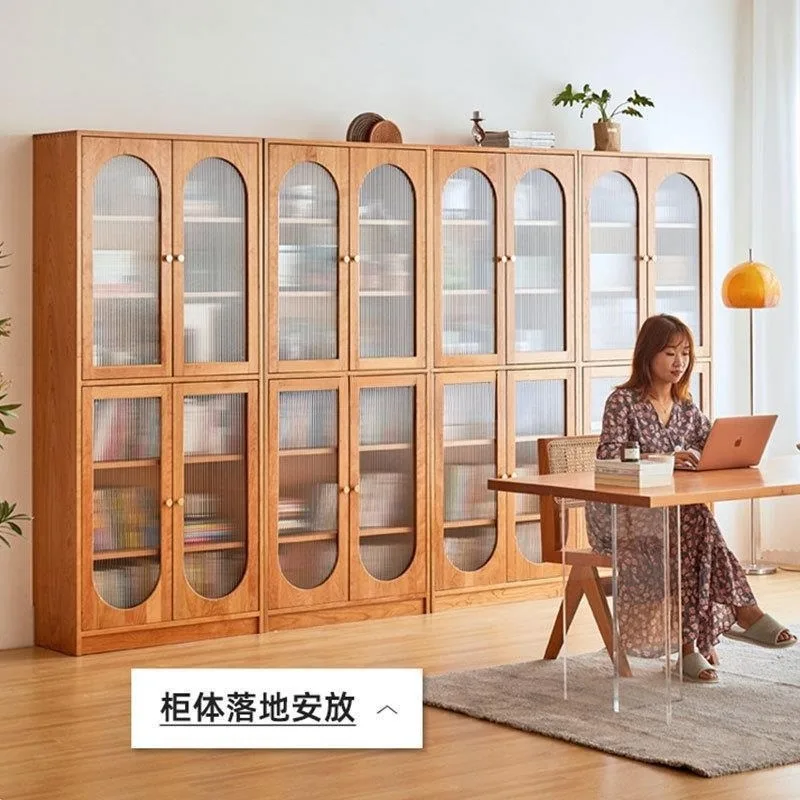 All solid wood cherry wood bookcase, study living room high storage rack, glass door Nordic retro display cabinet, storage