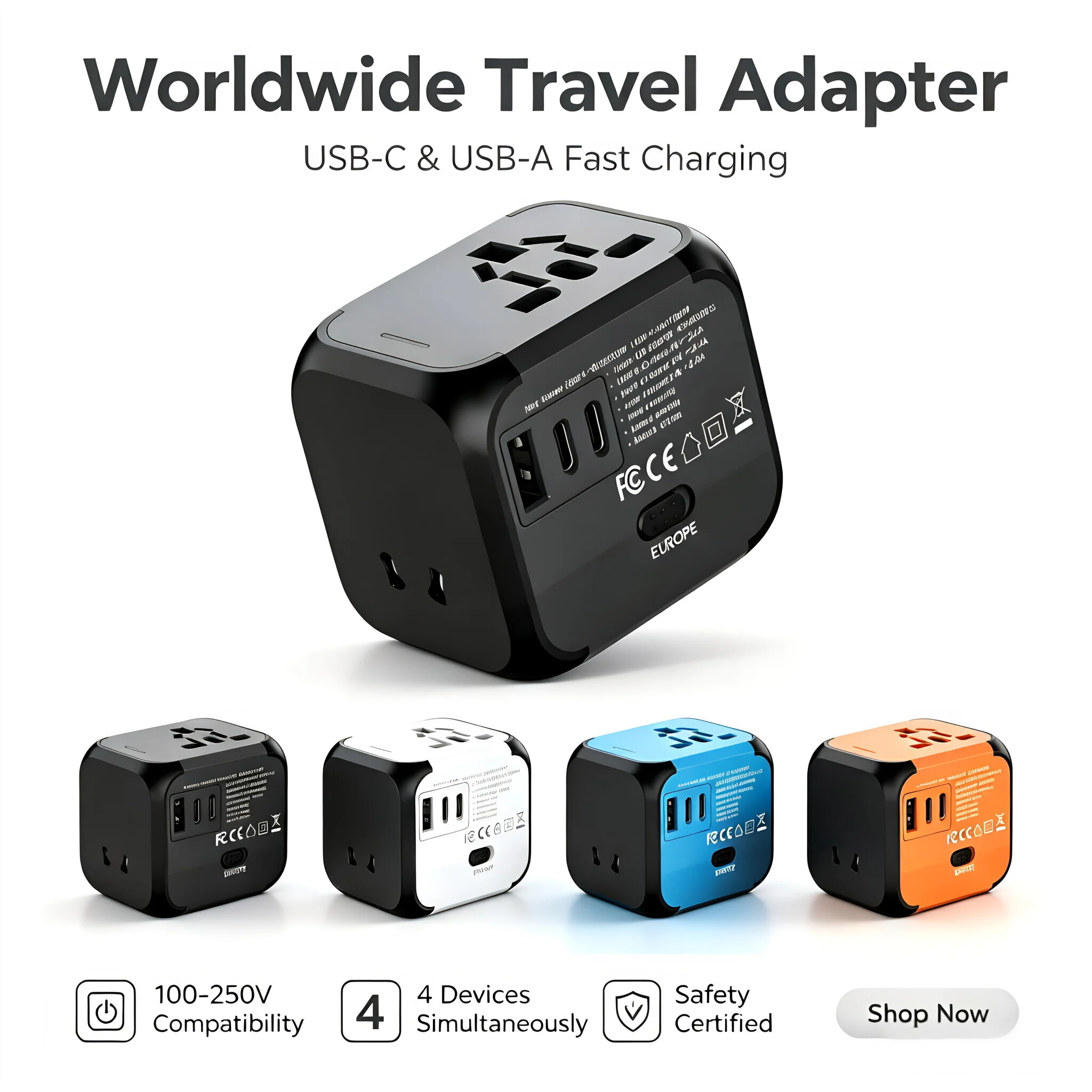 2500W GaN Universal Travel Adapter with 1 USB Ports 2 Type-C PD Charging All-in-one Travel Adapter EU/UK/USA/AUS Plug for Travel