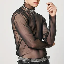 Sexy Mens Streetwear Mesh Transparent Turtleneck Long Sleeve Tops Solid Color Summer T Shirts O Neck Tee for Men Black Color