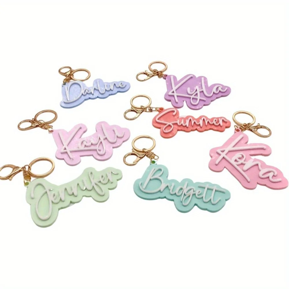 Personalized Custom Name Keychain Double Layer Acrylic Name Tag Custom Text Bag Charm Handwriting Font Key Ring Backpack Pendant view 3