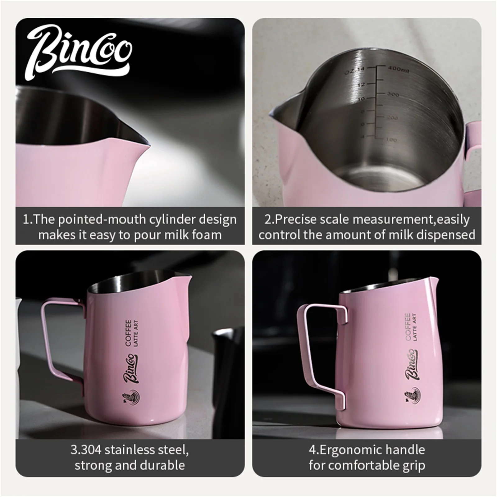 Jarra de Leche Profesional Bincoo de 420 ml, Jarra de Acero Inoxidable de Grado Alimenticio para Latte Art con Boquilla de Precisión para una Vertido Controlado