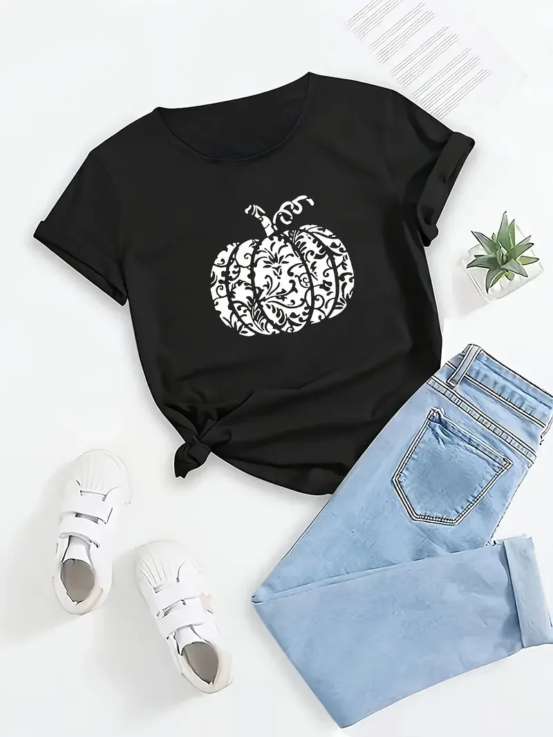 

Patterned Pumpkin Print Short Sleeved Casual Women T-shirt Round Neck Women Graphical Female Summer T shirt Clothing Tee Tops