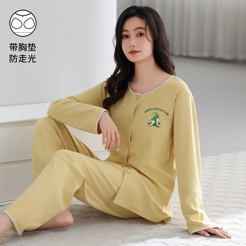 Newest 3 Pieces Set Spring and Autumn Women 100% Cotton Pyjamas Female Long Sleeve Sleepwear With Chest Pad