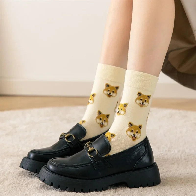 Meias para cães dos desenhos animados para mulheres, Meias Femininas Criativas INS Japonês, Shiba Inu Kawaii Sock, Meia de Tubo Médio, Bonito