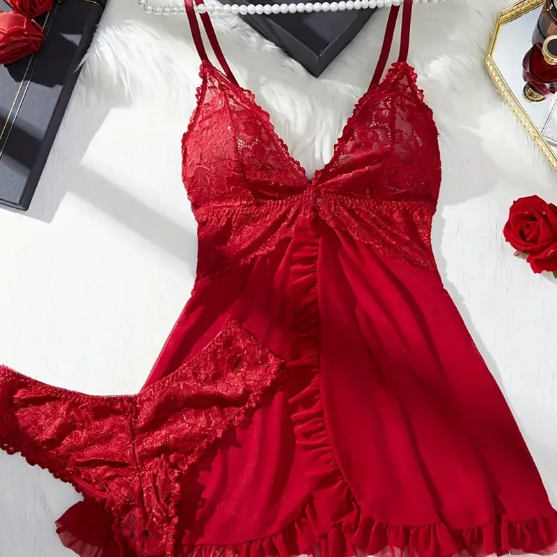 

Women Sling Transparent Sleepwear With Briefs Summer Pajamas Sets Lady Sleeveless See-through Underwear Sexy Lace Nightdress