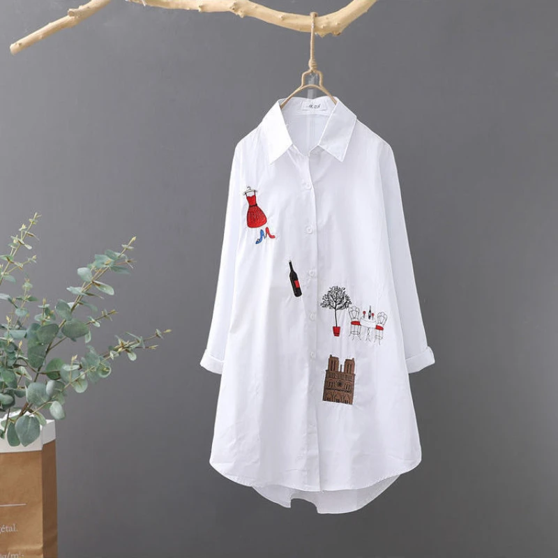 Women Cotton Embroidery Loose Long White Shirts 2022 Spring Autumn New Casual Office Lady Blouse Female Top Oversize 4XL Blouse