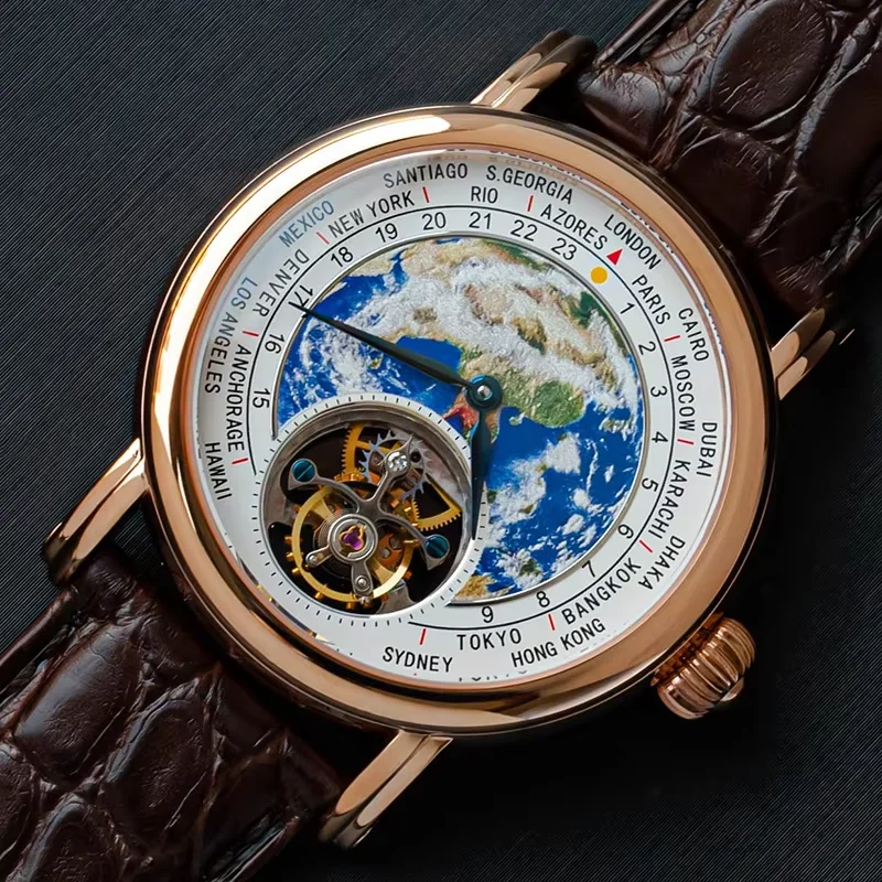 Sugess Earth Art Emaille-Zifferblatt Original ST8000 Handaufzugswerk Echte Tourbillon-Uhr Luxus-Business-Herren-Armbanduhr Saphir