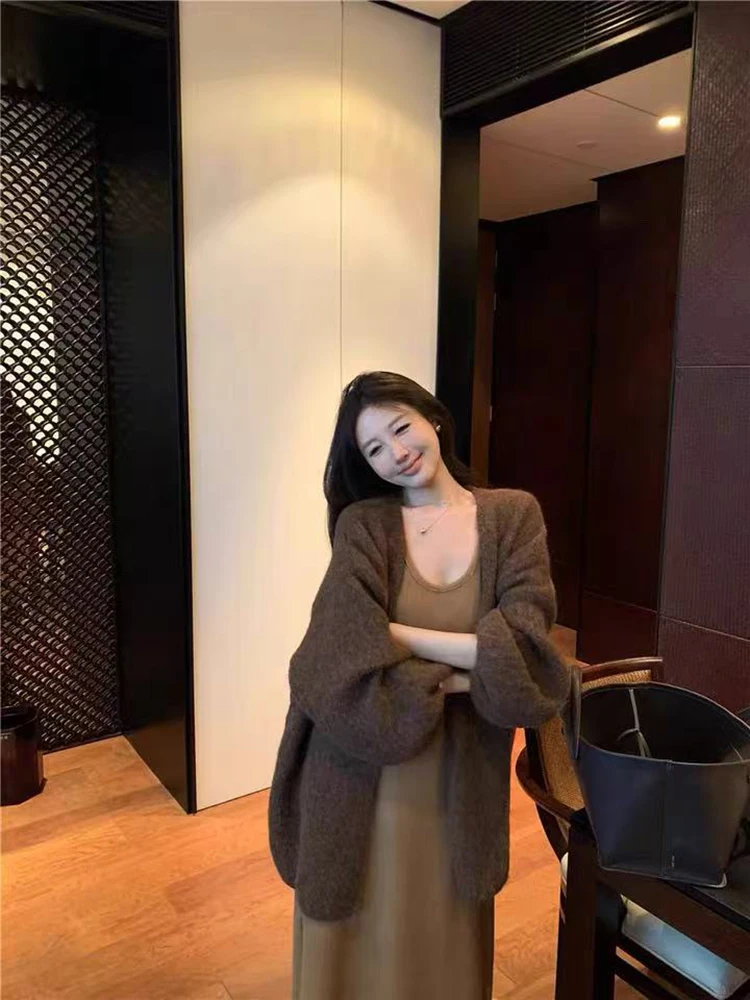 

Autumn Winter Warm Knitted Cardigan Women Korean Loose Casual Warm Sweater Y2K Solid Simple Lazy Style Female Knit Coats New