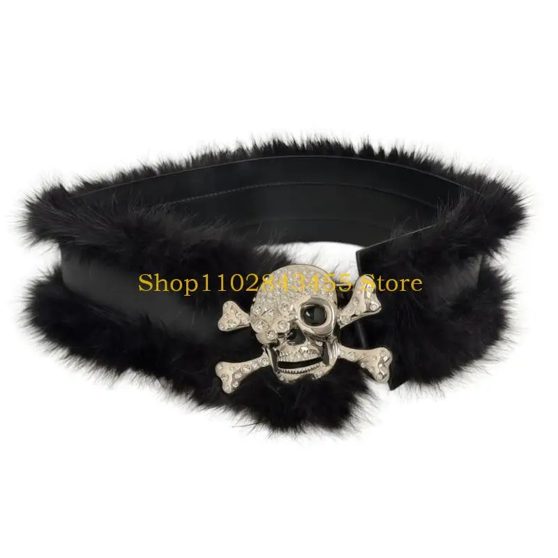 49MC Textured Long-Pile Plush Fashion Belt Decorative Skull Hardware Waist Cincher