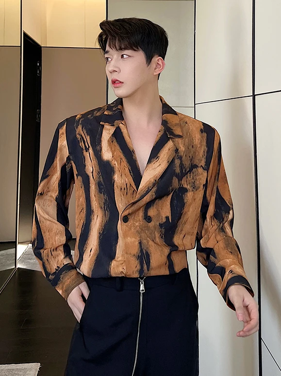 

Мужская рубашка с длинным рукавом для весны и лета, с принтом и эффектом окрашивания, в западном стиле, с воротником, модная, на двойной пуговице, в полоску