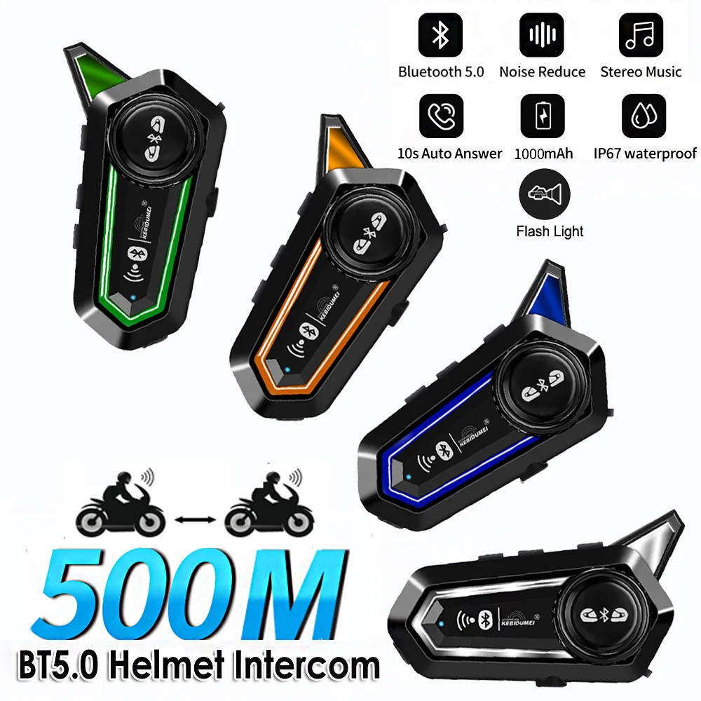 Bluetooth 5.0 Motorcycle Helmet Intercom Headset 500M Interphone Communicator for 2 Riders Waterproof With Emergency Lighting