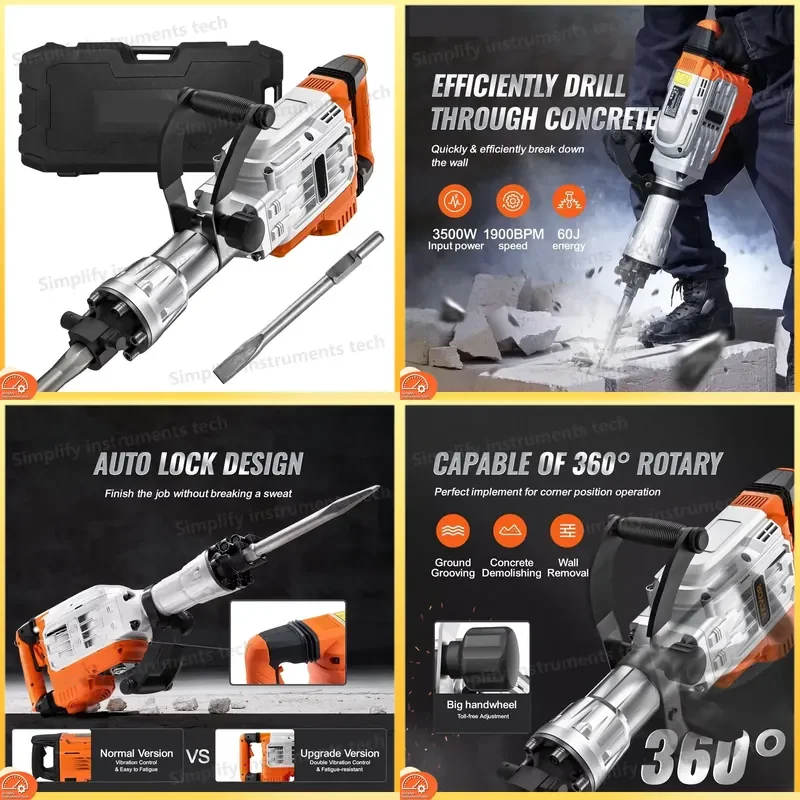 3800W Jack Hammer Demolition Concrete Breaker 95A Power Tool with 2 Chisel Bits for Trenching Chipping Drilling