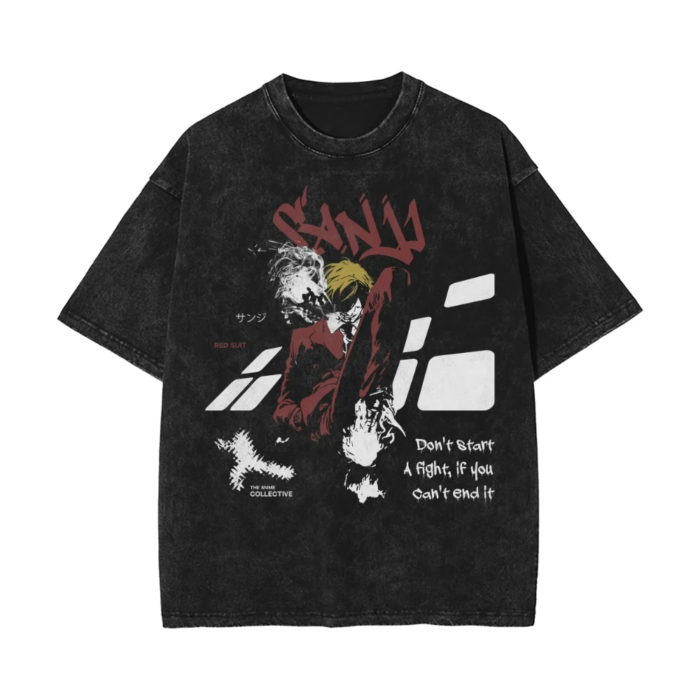 Camiseta Unisex de ONE PIECE, Lavada, Estilo Sanji, para Verano y Primavera, Camiseta de Anime Retro, Desgastada, Versátil, Estilo Y2k, Manga Corta