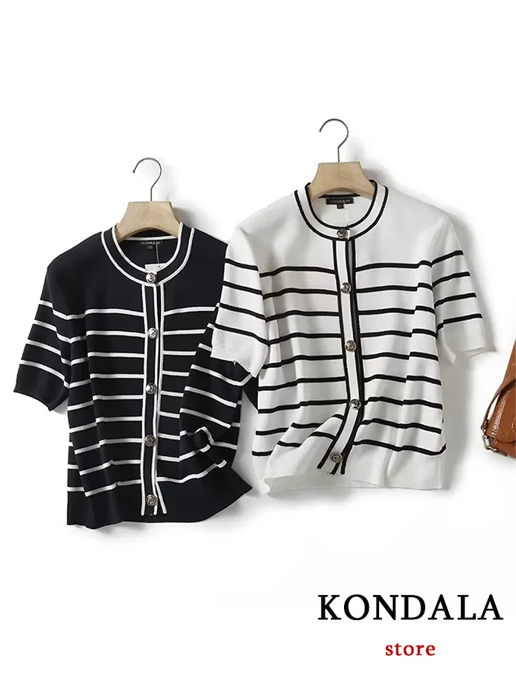 KONDALA Vintage Casual Chic kobiety Top w paski jednorzędowy z okrągłym dekoltem i półrękawem dzianinowy Top nowa moda 2023 jesienne wakacje Top