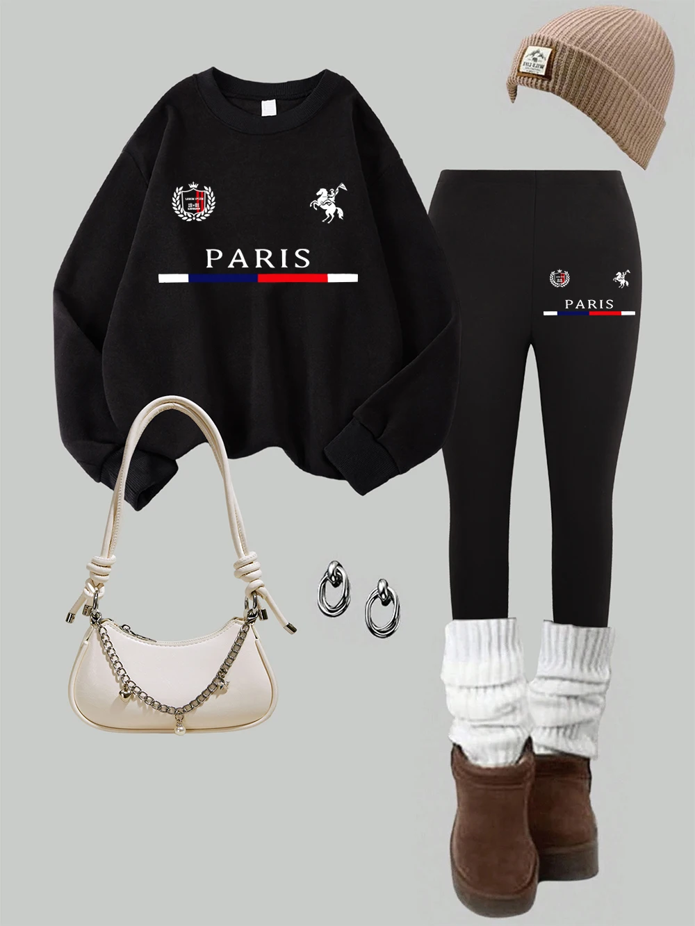 2 Piece Womens The Romantic Capital Of Paris Prints Sweatshirt Leggings Set Winter Thermal Warm Hoodies Pants Casual Clothes