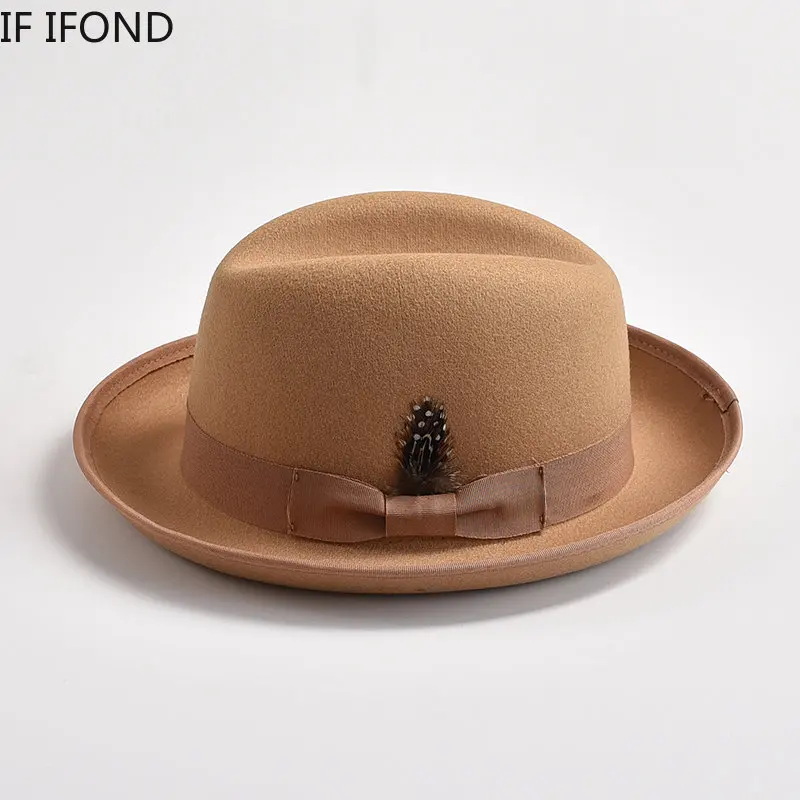 New British Style Wool Felt Fedora Hats for Men Roll Up Brim Homburg Gentleman Church Jazz Hat Party Dress Cap