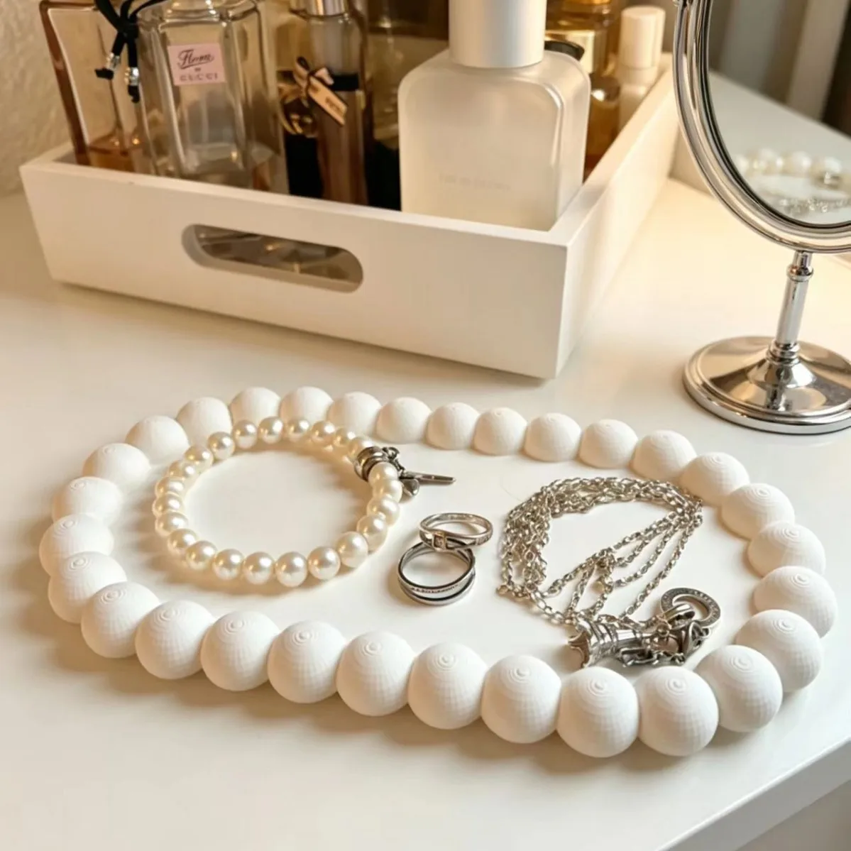 New White Bead Decorative Tray Artistic Beauty Home Jewelry Desktop Storage Tray Simple Jewelry Storage Tray