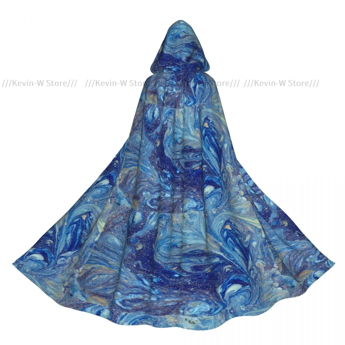 

Abstract Blue Marble With Golden Sequins Hooded Cloak Polyester Unisex Witch Cape Costume Accessory