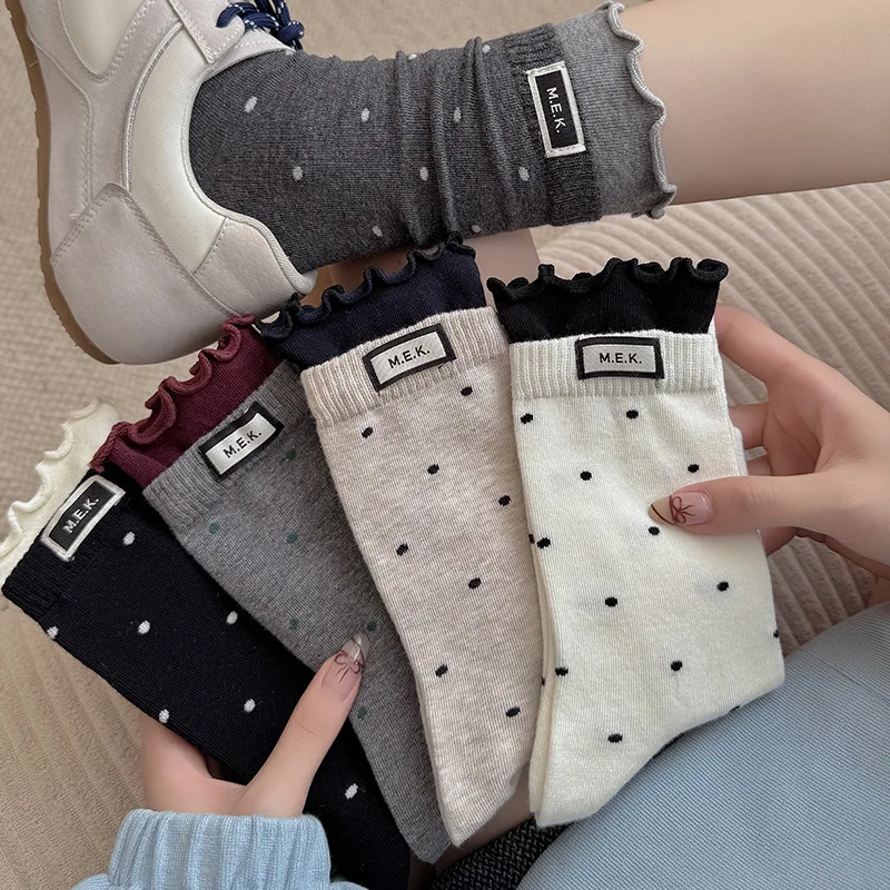

Polka Dot Socks Women Autumn New Letter Label Mid Cute Korean Style Stacked Socks