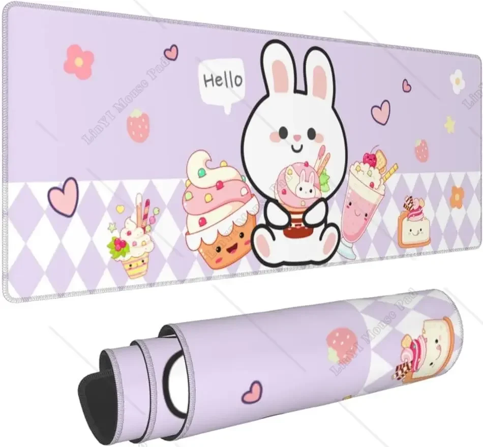 

Cute Bunny Ice Cream Mouse Pad Extended Large XL Gaming Mouse Pad Stitched Edges Non-Slip Mouse Mat for Office 31.5 X 11.8 Inch