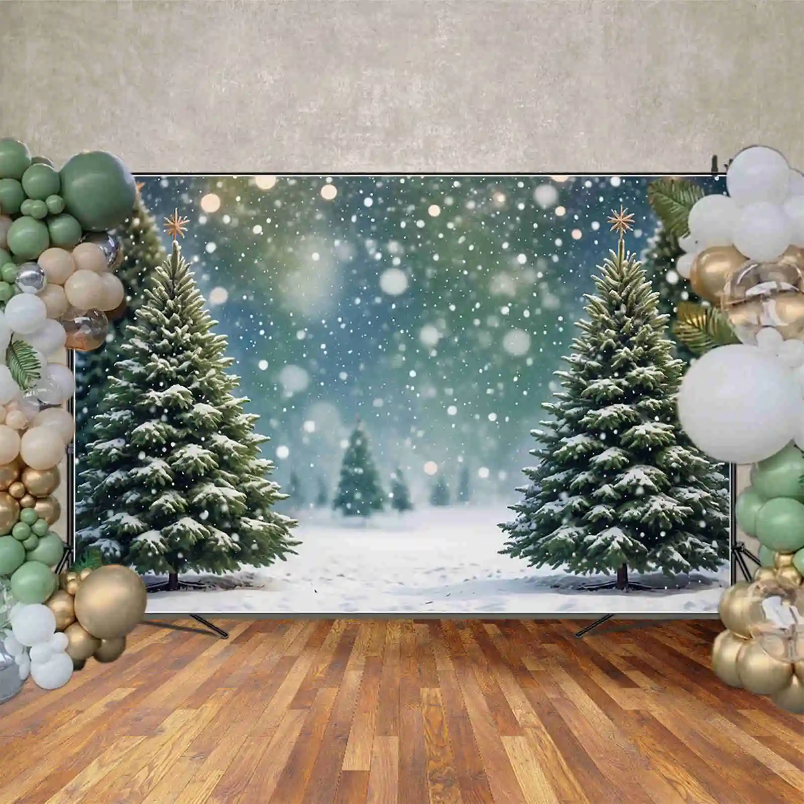 MOON.QG 2025 Christmas Pine Tree Backdrop Field Bokeh Winter Snow Outdoor Backgrounds Custom Party Decorations Photo Shoot Props