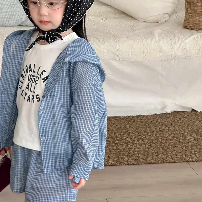 South Korea 2026 Spring and Summer New Products Children's Light and Thin Hooded Jacket Pants Two-piece Set Girl Baby Plaid Set